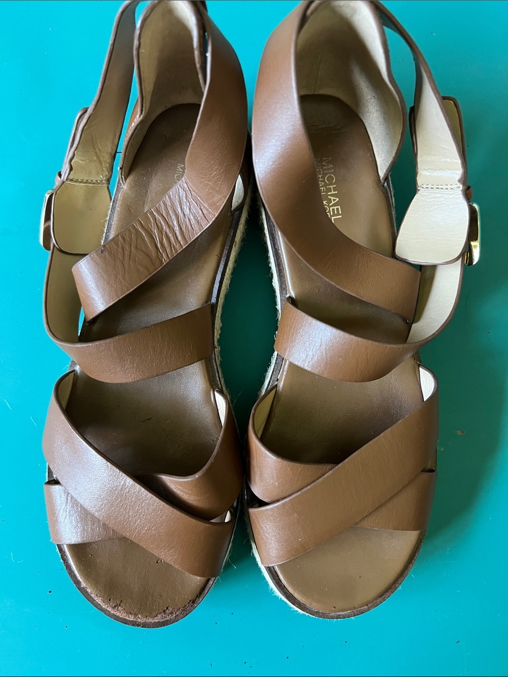 Michael Kors Brown Leather Crisscross Slingback Wedge Sandals